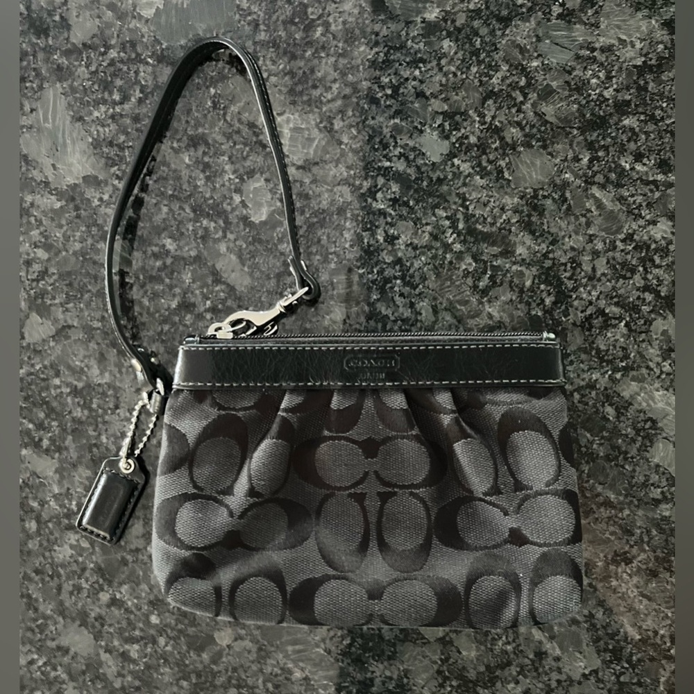 Coach Leather Trim Black And Grey Coach Logo Wristlet